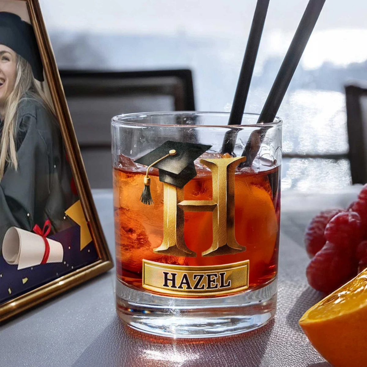 Personalized Graduation Cap Initial Whiskey Glass - Gift For Graduates & Whiskey Lovers