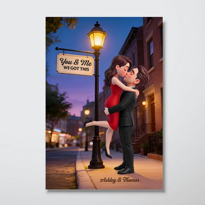 Eternal Love Couple Hugging Kissing Under Street Lamp Post - Personalized Custom Couple Poster / Canvas