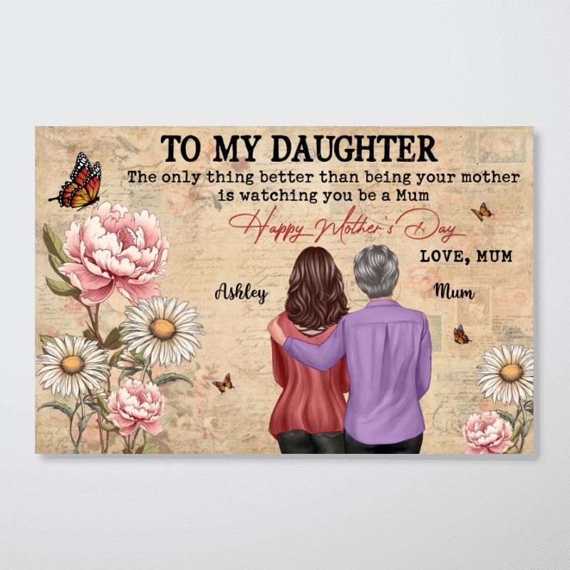 To My Daughter From Mum - Personalised Vintage Newspaper Birth Month Flower Poster / Canvas