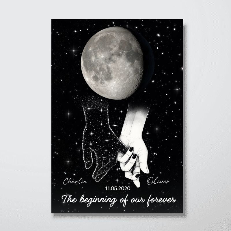 Galaxy Night Couple Holding Hands - Personalized Custom Moon Phase Anniversary Date Poster / Canvas