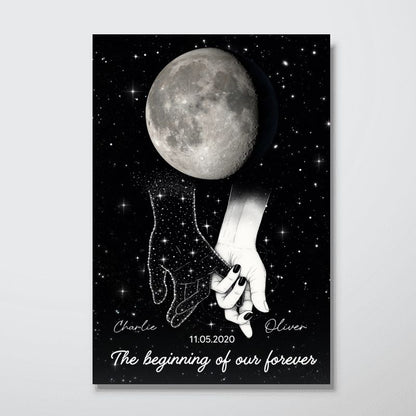 Galaxy Night Couple Holding Hands - Personalized Custom Moon Phase Anniversary Date Poster / Canvas