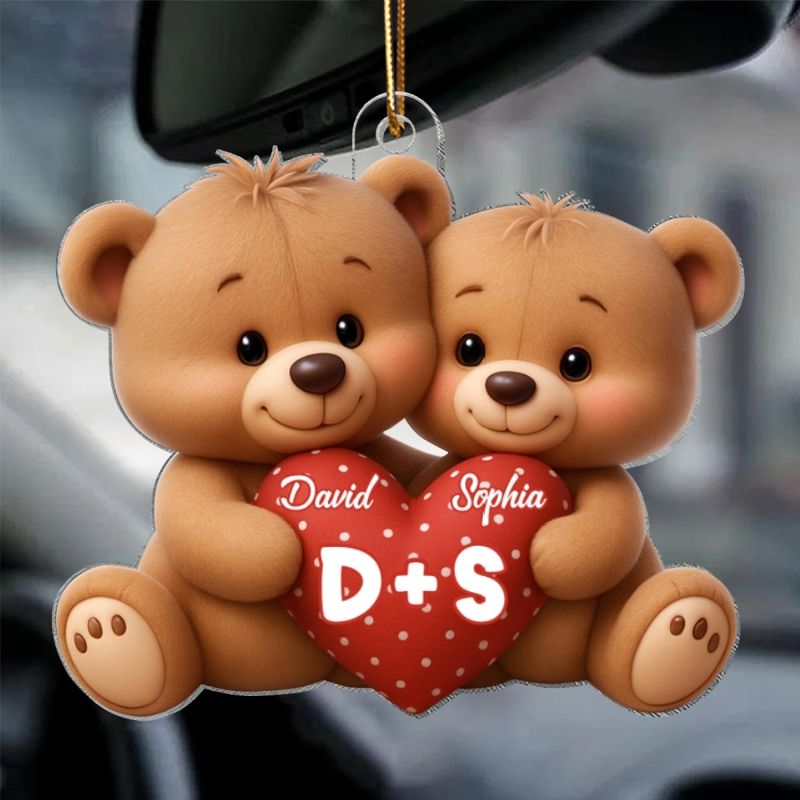 Bear Couple Holding Heart - Personalized Acrylic Car Hanger