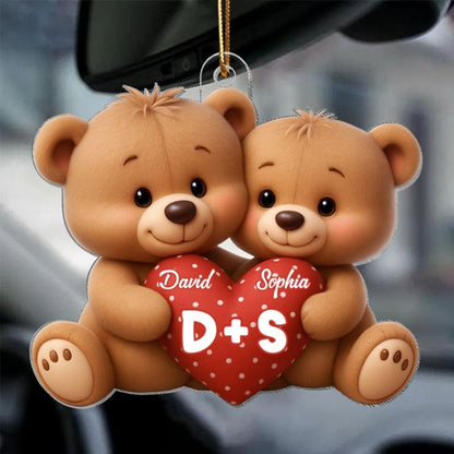 Bear Couple Holding Heart - Personalized Acrylic Car Hanger
