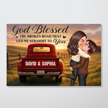 Personalized Rustic Nostalgia Red Truck Couple Hugging Kissing Farmhouse Decor Poster / Canvas - Custom Heartfelt Valentine Anniversary Gift