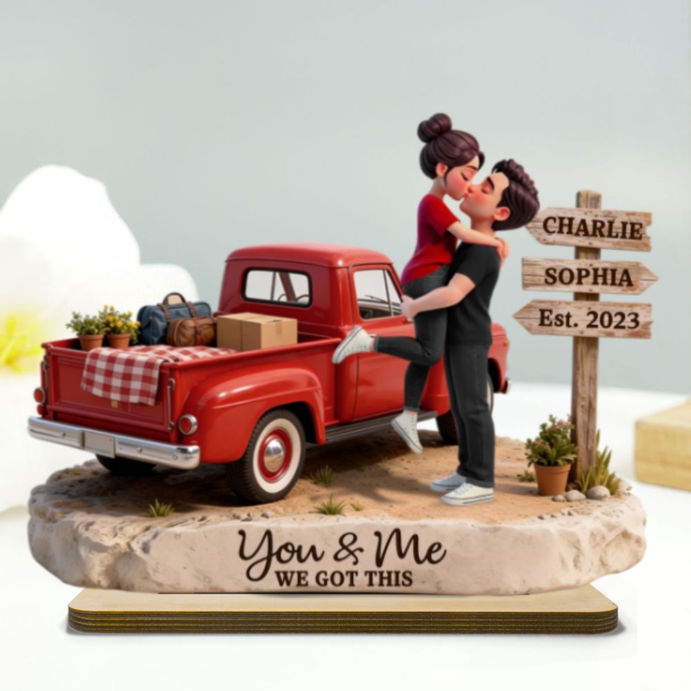 Romantic Couple Pickup Truck Sign Post - Personalized 2-Layered Wooden Plaque