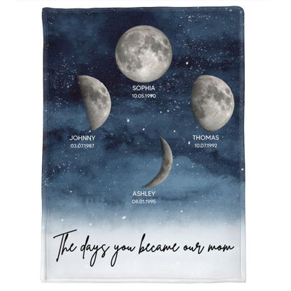 The Day You Became Mom - Personalized Custom Starry Night Birthday Moon Phase Blanket
