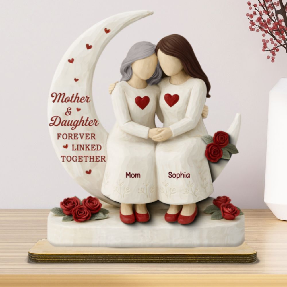 Roses Moon Mom And Daughter Forever Linked Together - Personalized 2-Layered Wooden Plaque