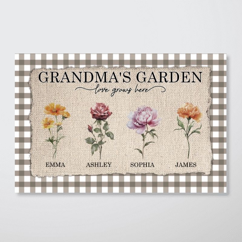 Grandma's Garden - Personalized Gingham Pattern Birth Month Flowers Poster / Canvas