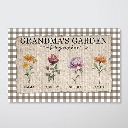 Grandma's Garden - Personalized Gingham Pattern Birth Month Flowers Poster / Canvas