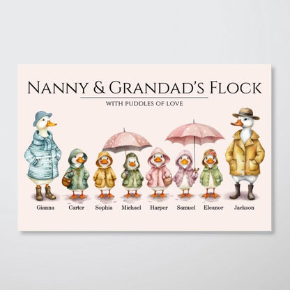“Grandparents’ Flock” Personalized Poster / Canvas - Cute Watercolor Ducks Family Gift