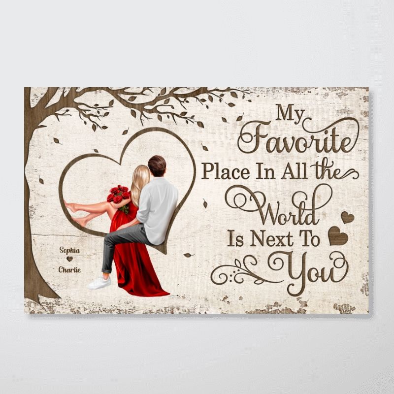 Personalized Favorite Place In The World Heart Couple Sitting Couple Poster / Canvas - Custom Valentine’s & Anniversary Gift