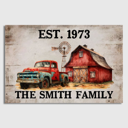 Custom Family Name Canvas / Poster - Featuring a Home Truck & Barn | Personalize with Family's Name & Year