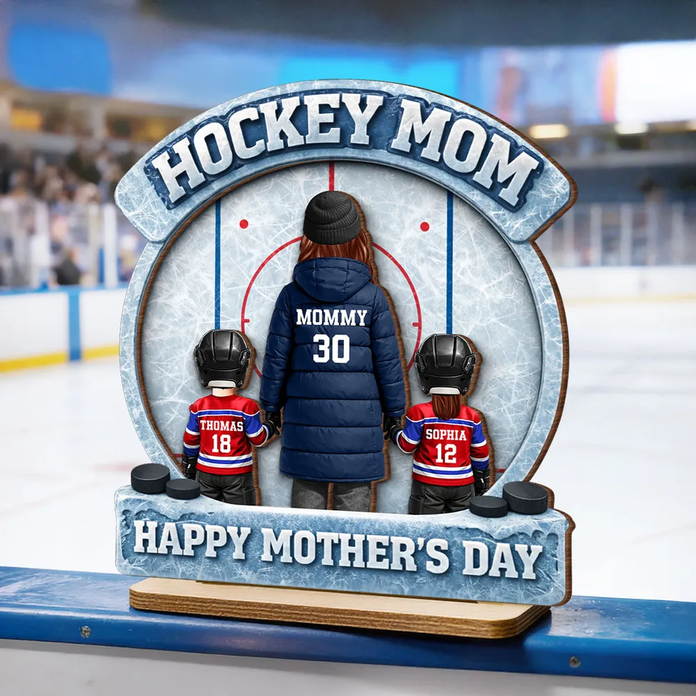 Hockey Mom Back View And Kids - Personalized 2-Layered Wooden Plaque