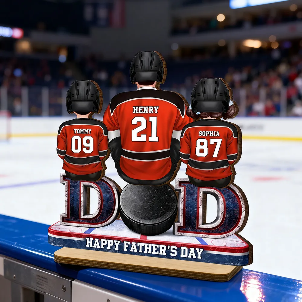 Hockey Dad And Kids Sitting Together - Personalized Wooden Plaque