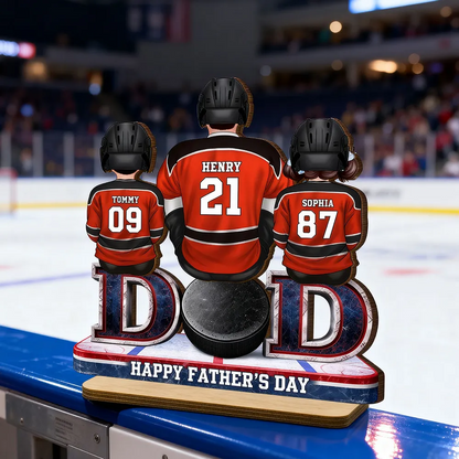 Hockey Dad And Kids Sitting Together - Personalized Wooden Plaque