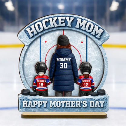 Hockey Mom Back View And Kids - Personalized 2-Layered Wooden Plaque