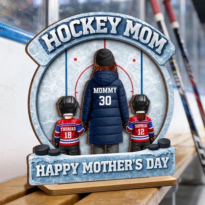 Hockey Mom Back View And Kids - Personalized 2-Layered Wooden Plaque