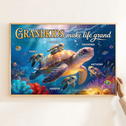 Personalized Grandkids Make Life Grand Turtle Poster / Canvas - Mother’s Day Gift for Grandma