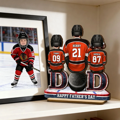 Hockey Dad And Kids Sitting Together - Personalized Wooden Plaque