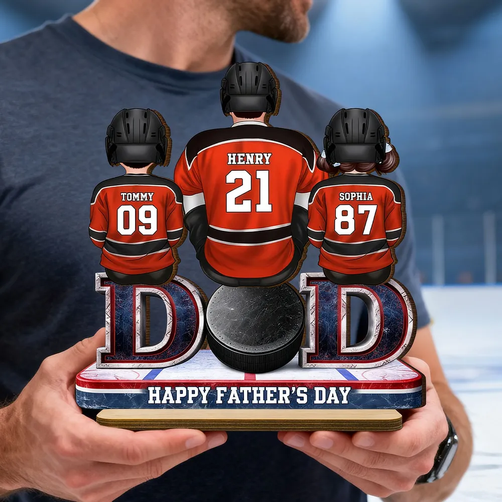 Hockey Dad And Kids Sitting Together - Personalized Wooden Plaque