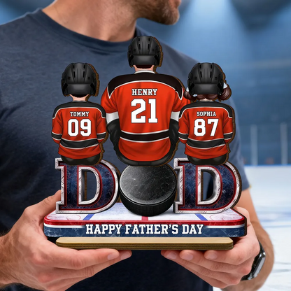 Hockey Dad And Kids Sitting Together - Personalized Wooden Plaque