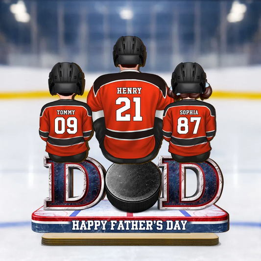Hockey Dad And Kids Sitting Together - Personalized Wooden Plaque