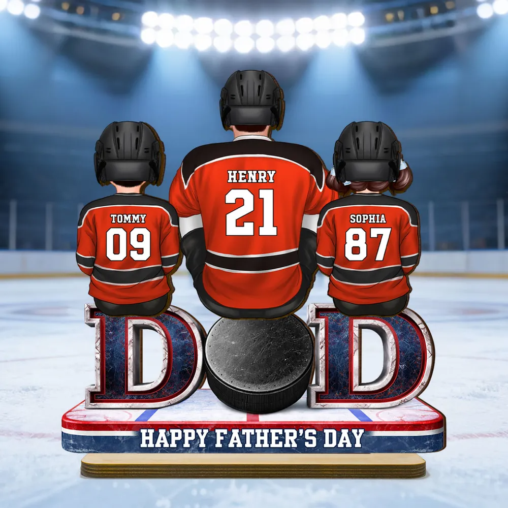 Hockey Dad And Kids Sitting Together - Personalized Wooden Plaque