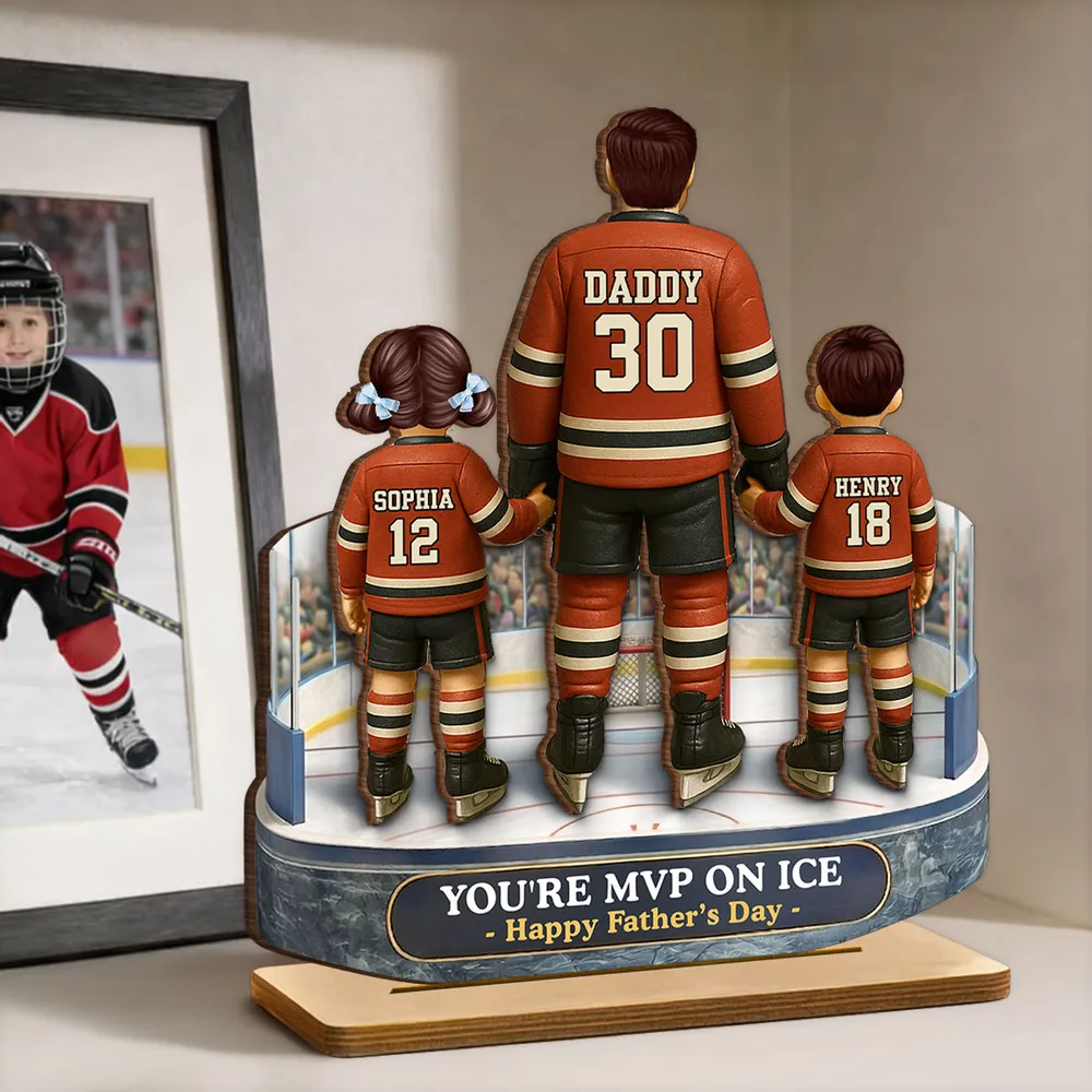 Hockey Dad And Kids On The Ice - Personalized Wooden Plaque