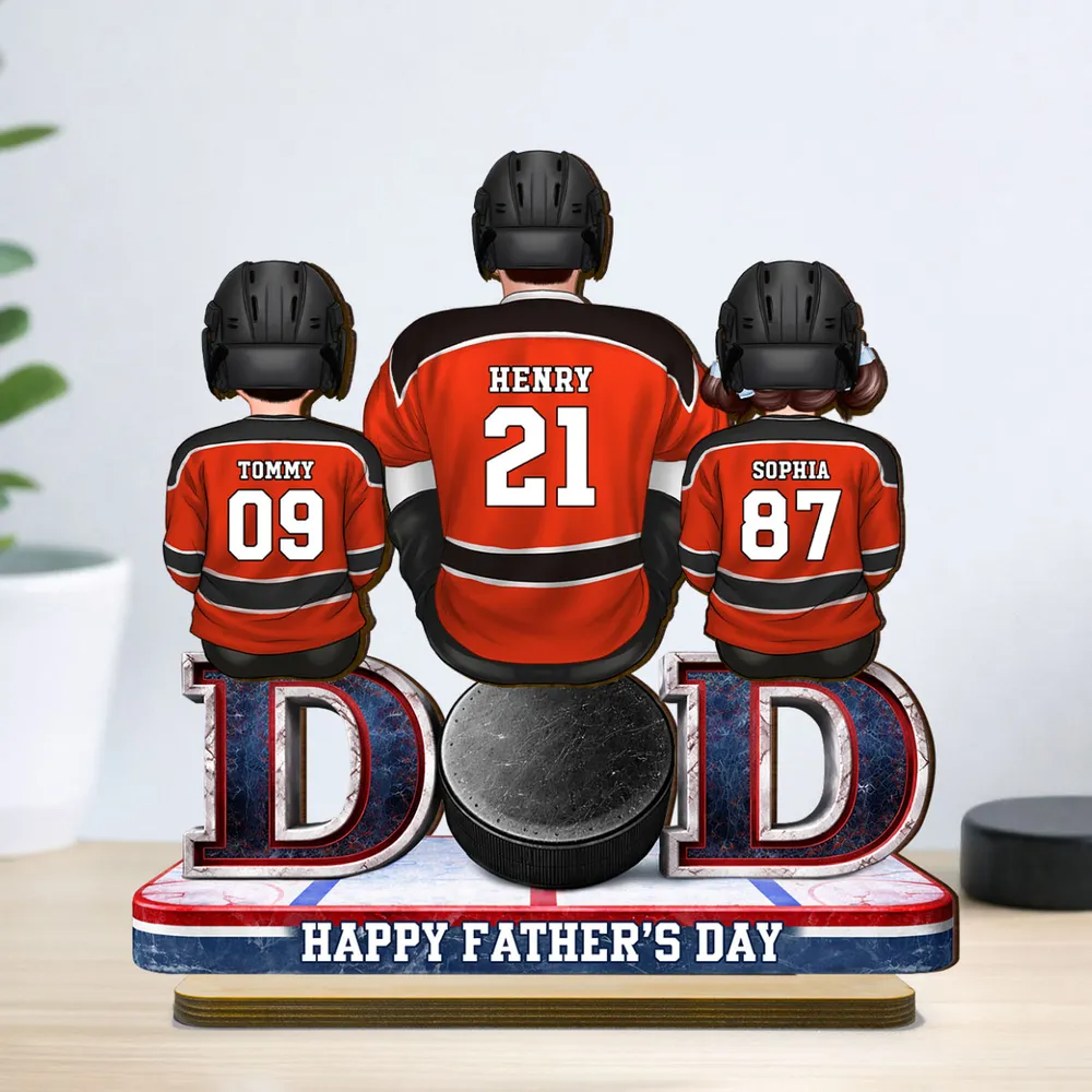 Hockey Dad And Kids Sitting Together - Personalized Wooden Plaque