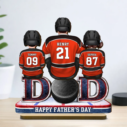 Hockey Dad And Kids Sitting Together - Personalized Wooden Plaque