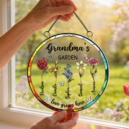 “Grandma’s Garden - Love Grows Here” - Personalized Birth Month Flower Suncatcher