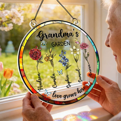“Grandma’s Garden - Love Grows Here” - Personalized Birth Month Flower Suncatcher