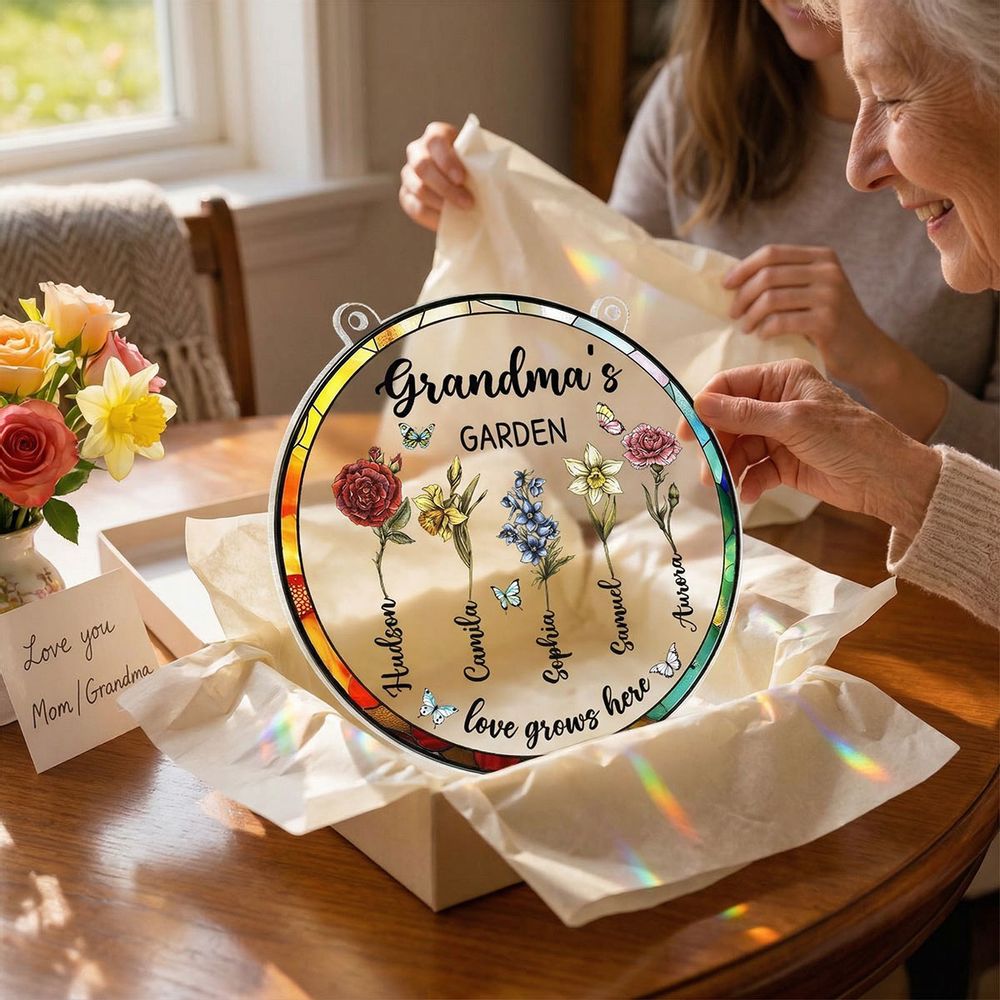 “Grandma’s Garden - Love Grows Here” - Personalized Birth Month Flower Suncatcher