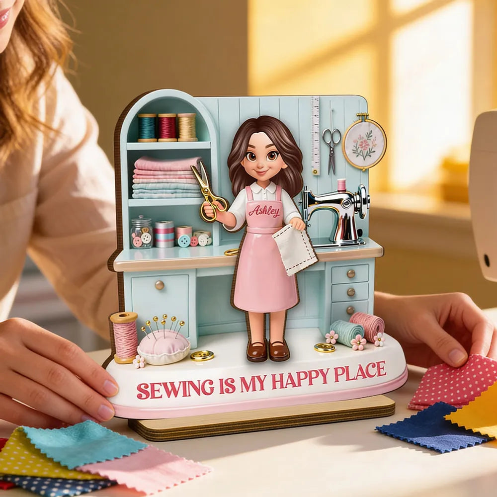 “Sewing Is My Happy Place” Personalized Wooden Plaque - Custom Gift For Mom & Grandma