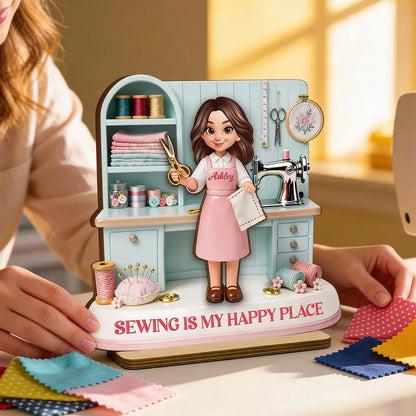 “Sewing Is My Happy Place” Personalized Wooden Plaque - Custom Gift For Mom & Grandma