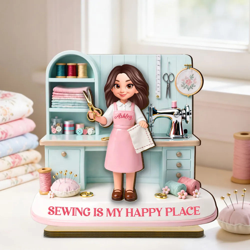 “Sewing Is My Happy Place” Personalized Wooden Plaque - Custom Gift For Mom & Grandma