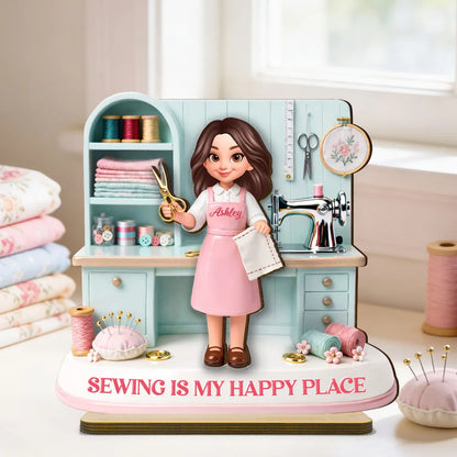 “Sewing Is My Happy Place” Personalized Wooden Plaque - Custom Gift For Mom & Grandma