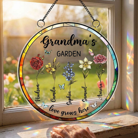 “Grandma’s Garden - Love Grows Here” - Personalized Birth Month Flower Suncatcher