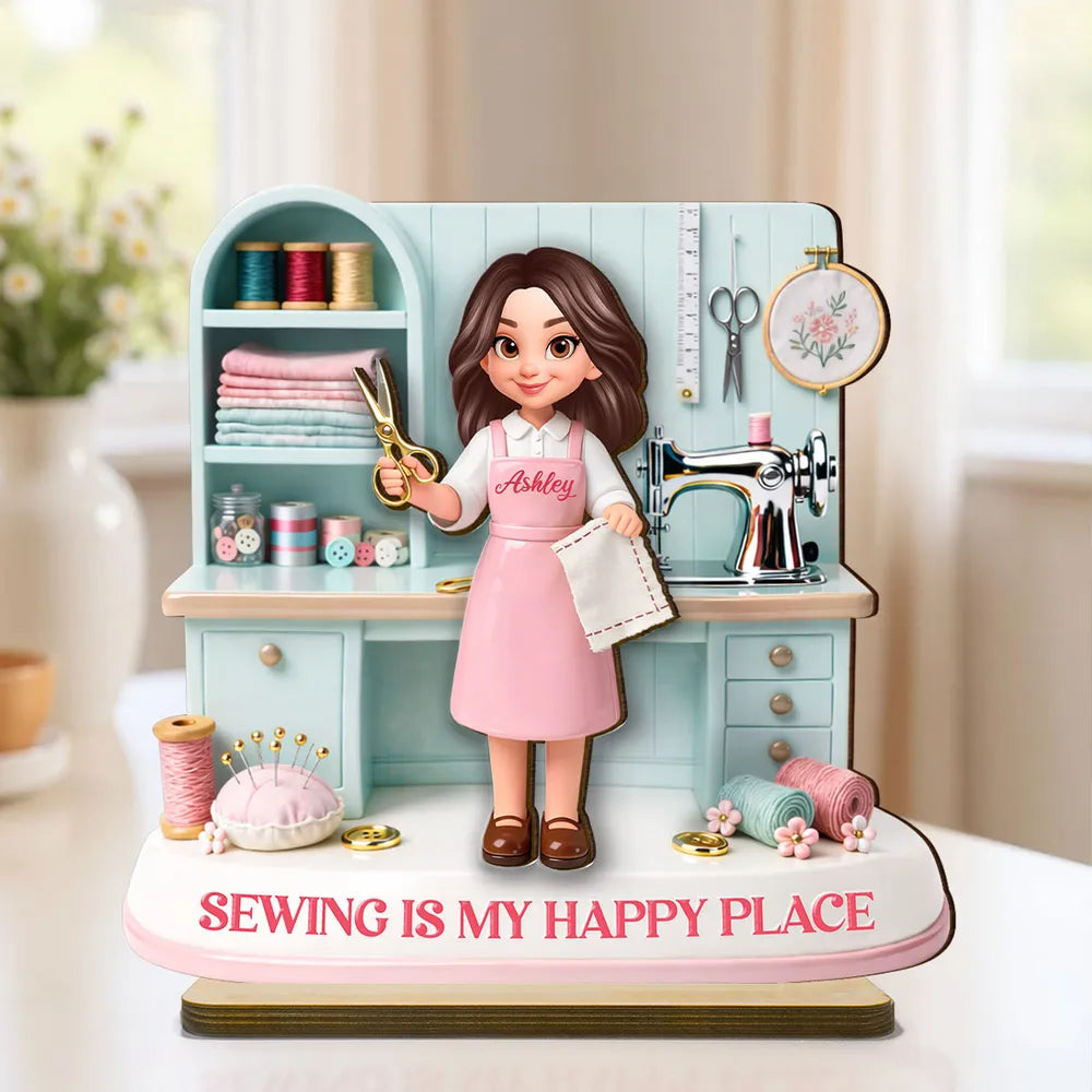 “Sewing Is My Happy Place” Personalized Wooden Plaque - Custom Gift For Mom & Grandma