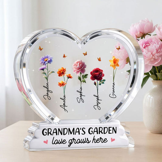 “Grandma’s Garden” Heart with Birth Flowers - Personalized Acrylic Plaque