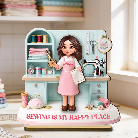 “Sewing Is My Happy Place” Personalized Wooden Plaque - Custom Gift For Mom & Grandma