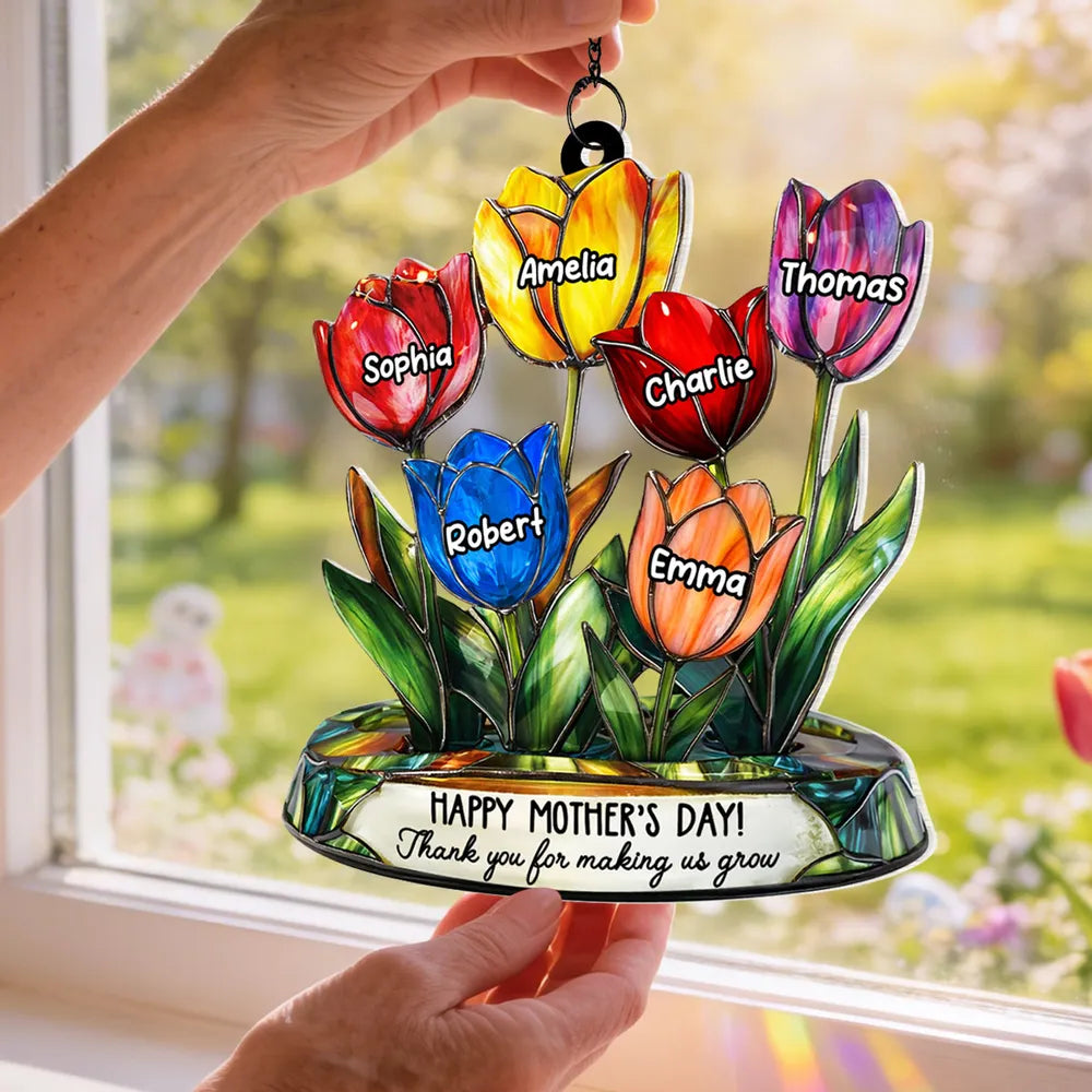 Thank You for Helping Us Grow Tulip Flowers - Personalized Window Hanging Suncatcher Ornament - Mother's Day Gift for Grandma, Mom