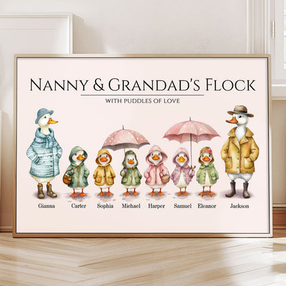 “Grandparents’ Flock” Personalized Poster / Canvas - Cute Watercolor Ducks Family Gift