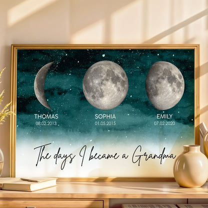 “The Day I Became A Grandma / Mom” - Personalized Starry Night Moon Phase Poster / Canvas