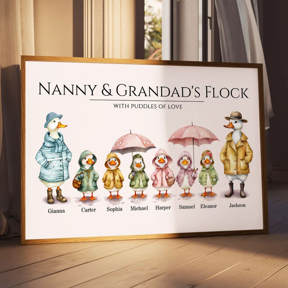 “Grandparents’ Flock” Personalized Poster / Canvas - Cute Watercolor Ducks Family Gift