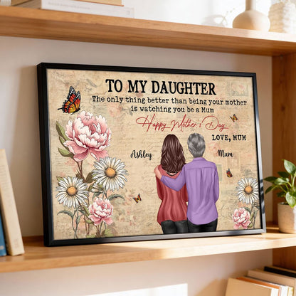 To My Daughter From Mum - Personalised Vintage Newspaper Birth Month Flower Poster / Canvas