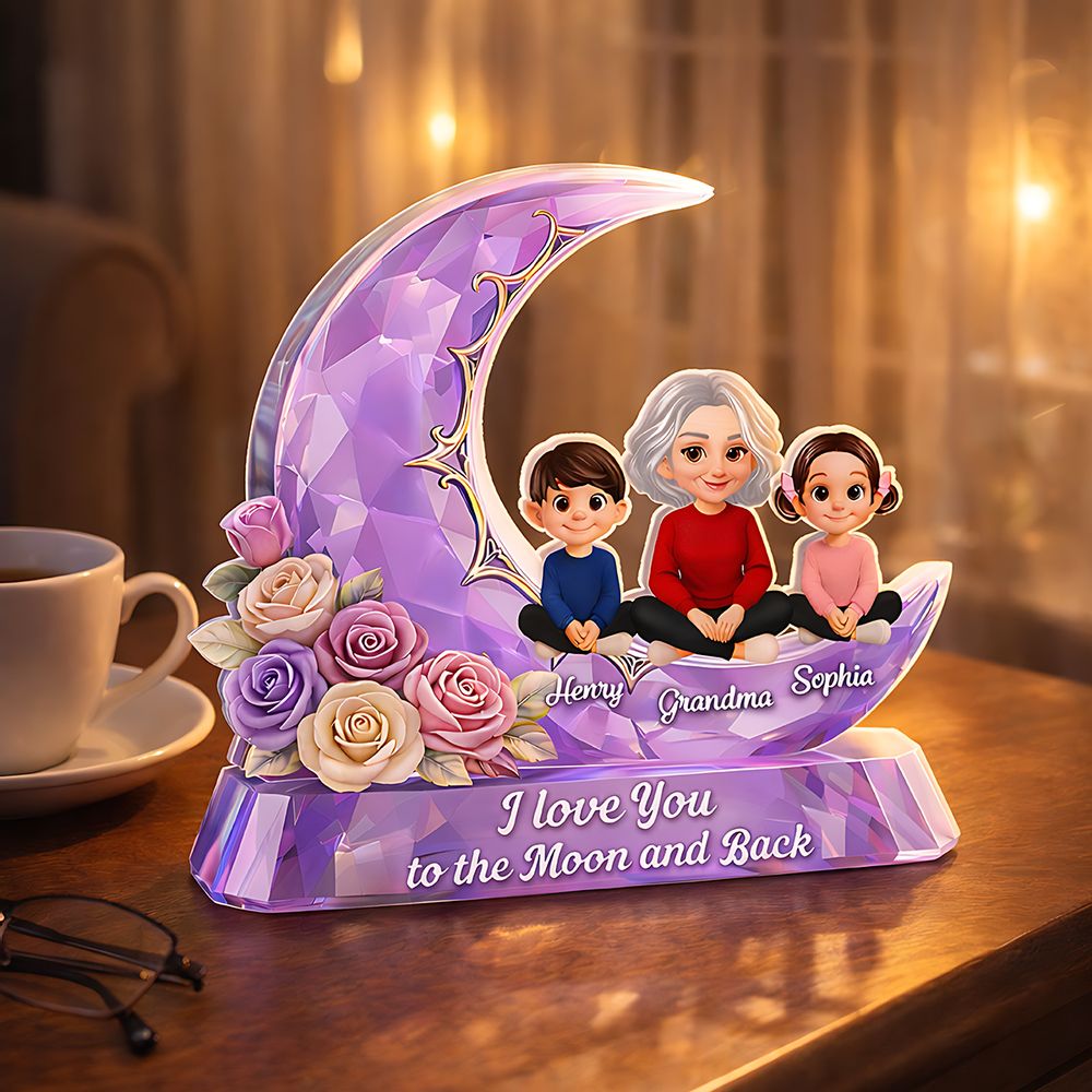 Love You To The Moon Grandma Grandkids Rose Moon - Personalized Acrylic Block Plaque