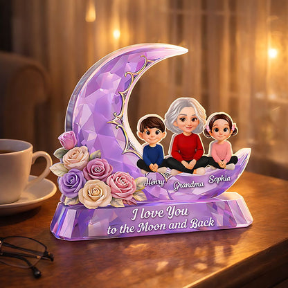 Love You To The Moon Grandma Grandkids Rose Moon - Personalized Acrylic Block Plaque