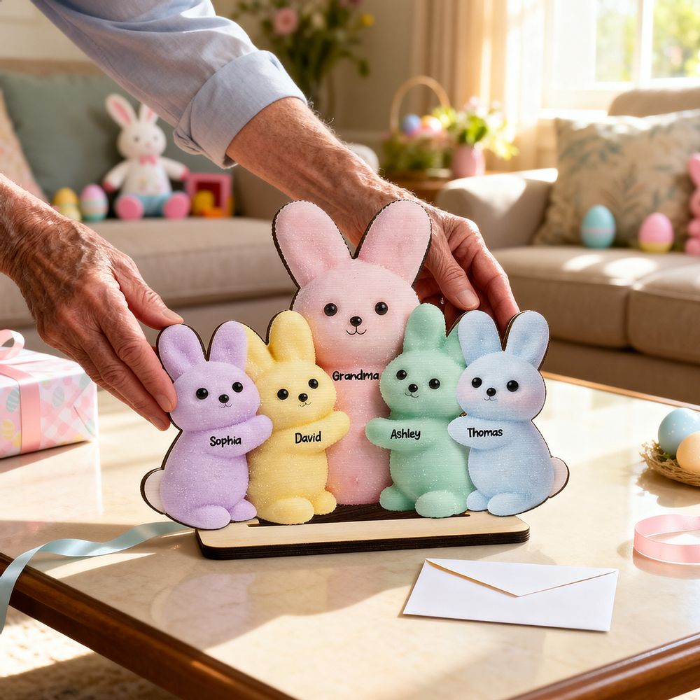 Grandma and Grandkids Bunnies - Personalized 2-Layered Wooden Plaque