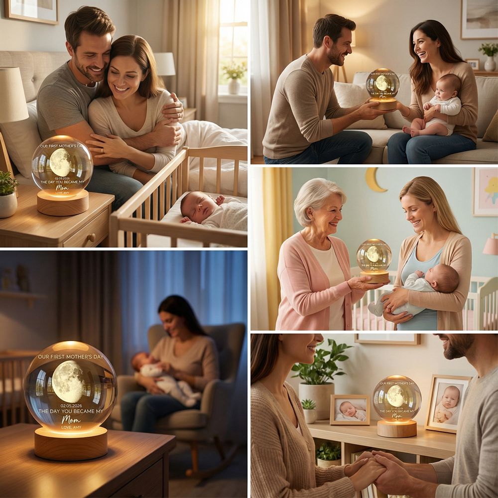 The Day You Became My Mom - Personalized Custom Moon Phase Crystal Ball LED Night Light